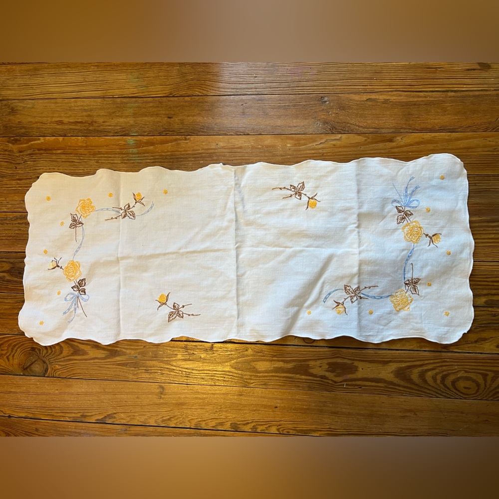 Vintage Floral Embroidered Fabric with Yellow Roses Table Runner